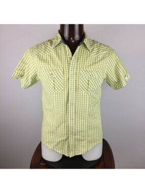 Raw Edge Button Up Shirt Mens S Checker Plaid Pearl Snap Pockets Country Western